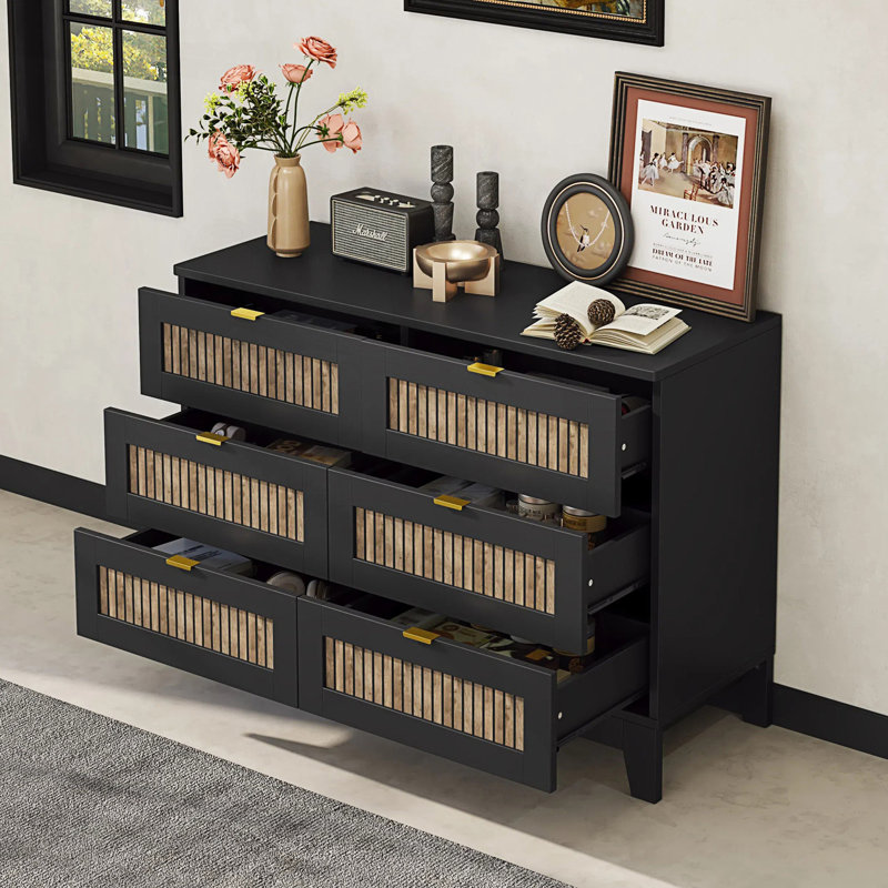 Rustic Farmhouse Style Dresser With 6 Drawers, Storage Cabinet, Black