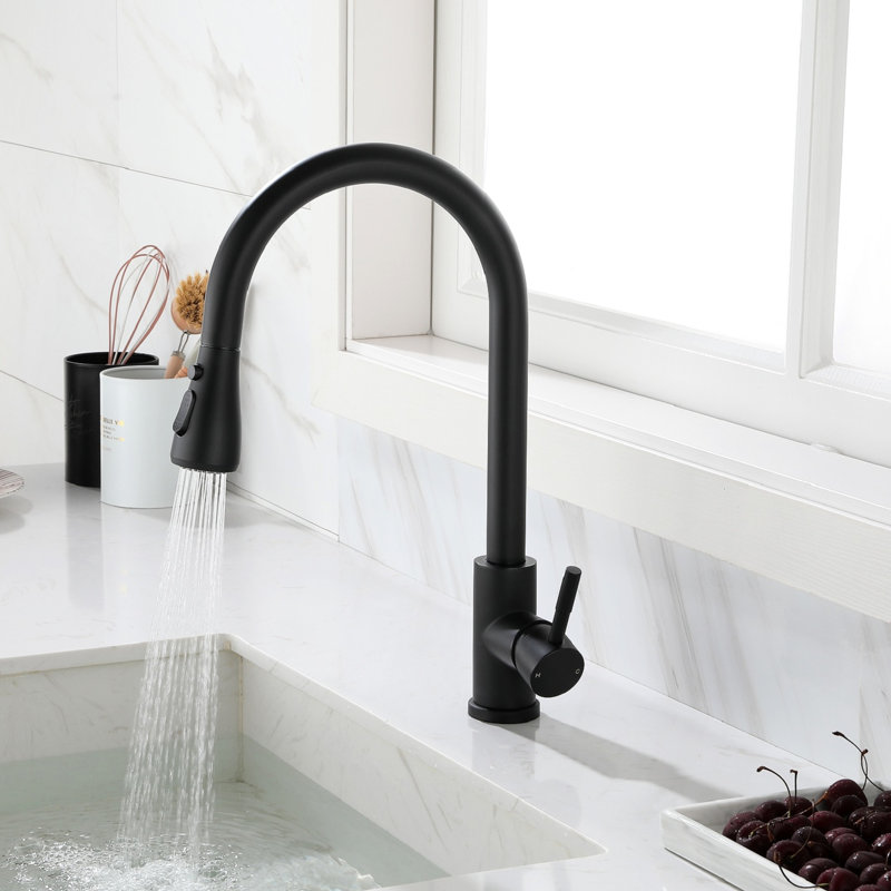 Modern Kitchen Sink Faucet With Pullout Spray In Matte Black, Stainless Steel, Creates A And Functional Setup Pull Out Spray, Black Ensures Smooth Convenient Water Flow Experience