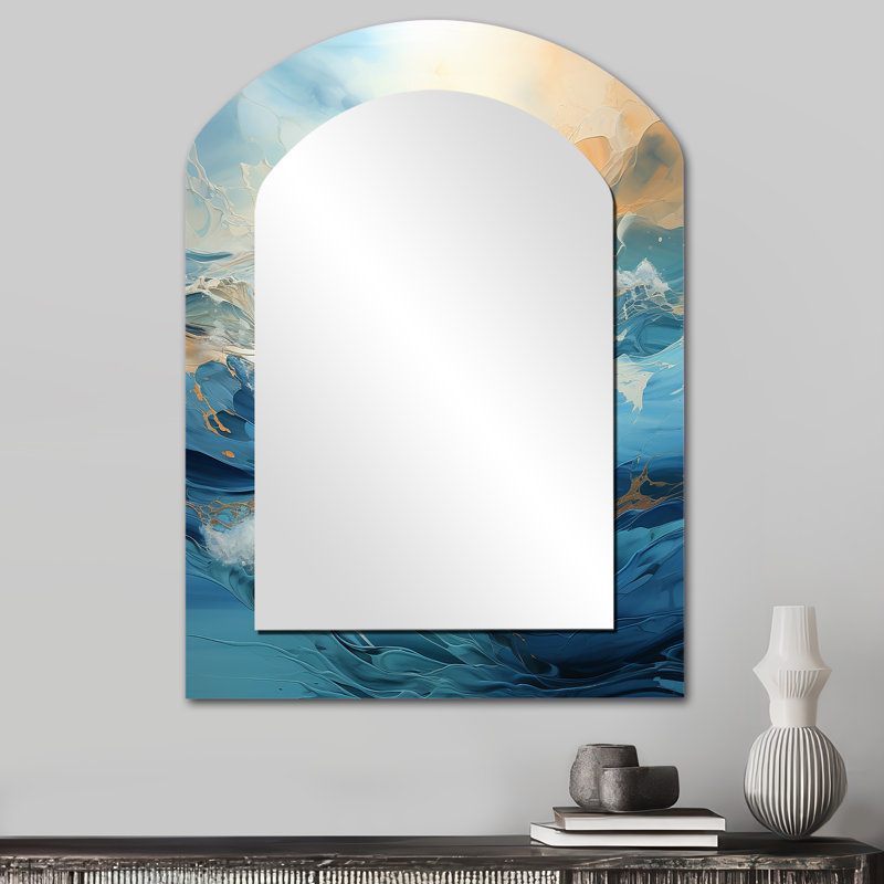 Blanc blanc tempête liquide Art Charm - tempête grand miroir mural asymétrique, miroir traditionnel arche unique, impression d'art en métal