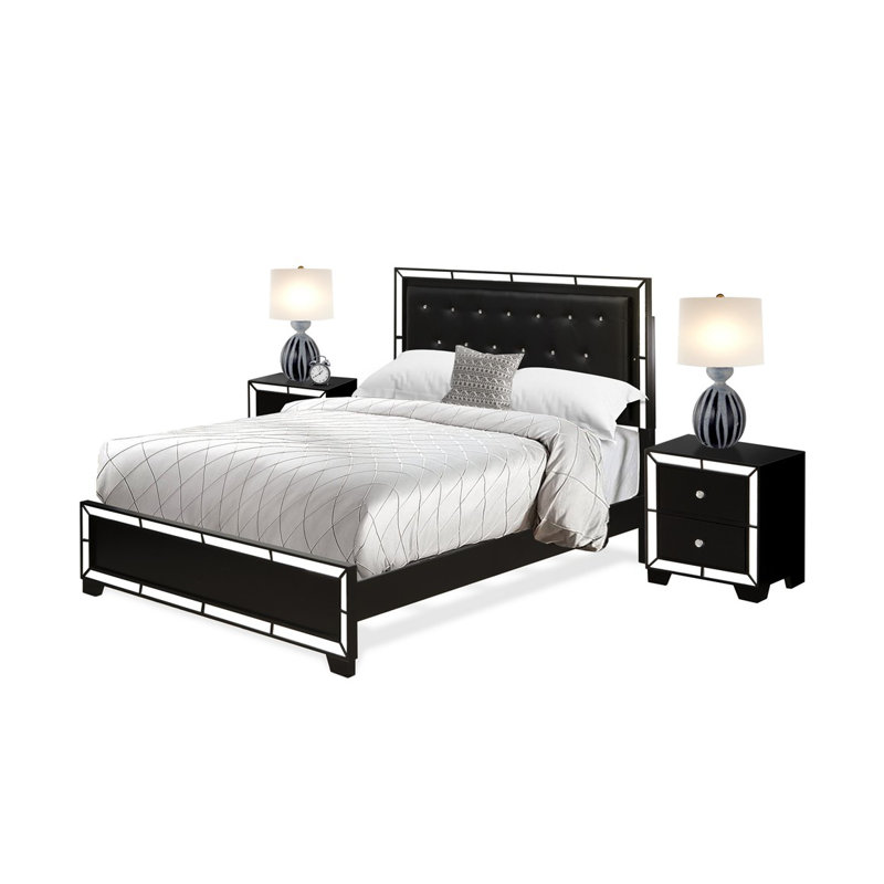 Ensemble de chambre à coucher 3 pièces Nella avec grand lit capitonné et 2 tables de chevet modernes Mid Century, Grand