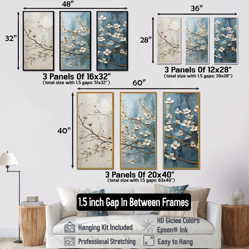«Peacefulness White Blue Dogwood III», ensemble de reproductions d'art mural cornouiller, Cadre flottant noir