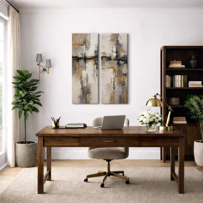 Neutral Beige Gray Geometric Abstract – Set of 2 Framed Wall Art Print on Canvas 32"x12"x2