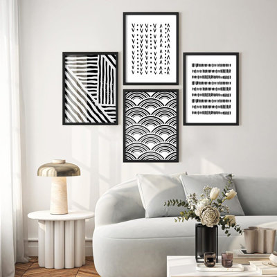 Framed Wall Art Print Gallery Set Decor, Minimalist Black and White Geometric Pattern Illustrations Modern Art Chic Colourful for Living Room, Bedroom, Office