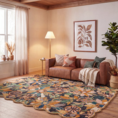Tapis floral noir / vert en laine / coton touffeté à la main Botts 356