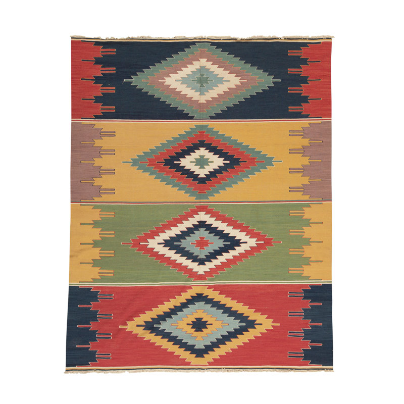Tapis rouge / bleu / vert / jaune en laine noué à la main Southwestern