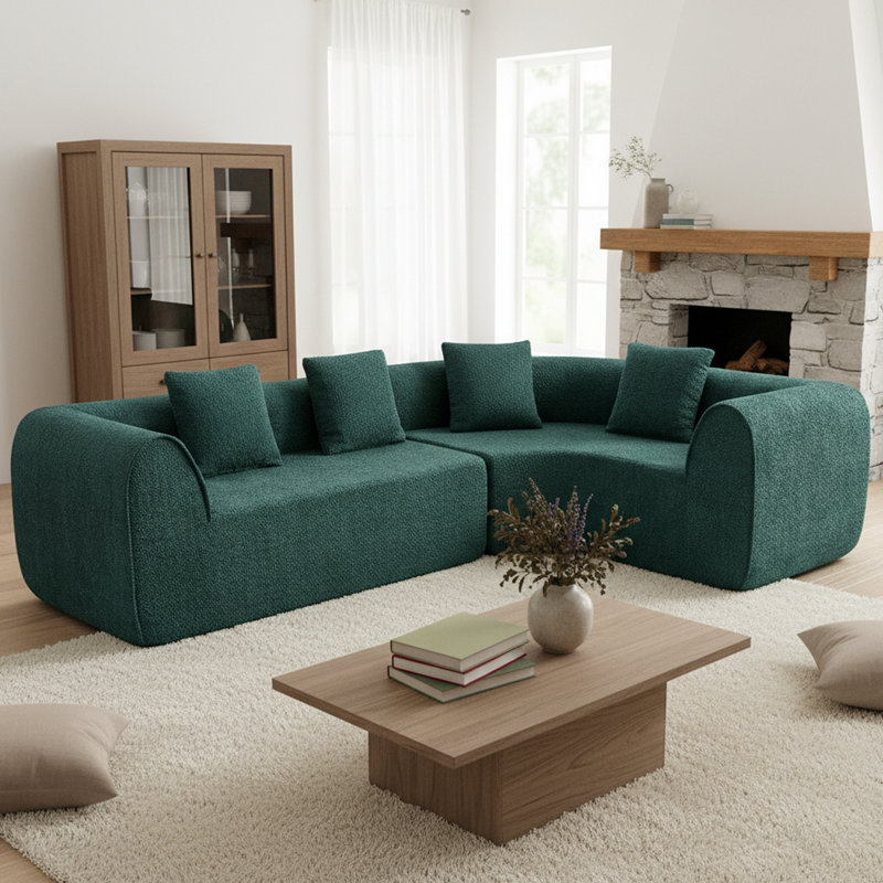 Canapé modulaire incurvé moderne en forme de L avec éponge entièrement compressée haute densité, entièrement assemblé faisant face à la droite pour un confort spacieux et une intégration harmonieuse dans le salon.