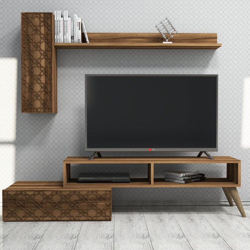 Meuble télé moderne en noyer avec tablette murale et armoire | Panneau de particules enduit 100% mélamine, dimensions: 59,1 po x 14,9 po x 14,6 po | Comprend plusieurs tablettes, des pieds en plastique et une conception murale | Solution de divertissement à la maison élégante et fonctionnelle