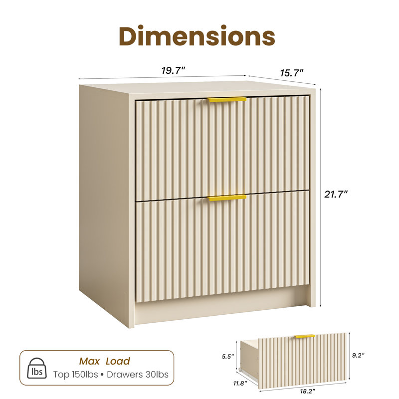 Table de chevet avec 2 tiroirs (ensemble de 2), Beige