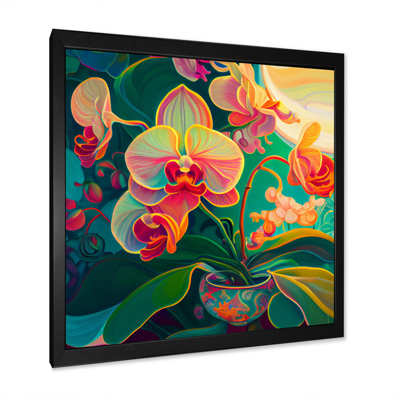 Orchidée en fleurs dans des couleurs vives rétro III - impression, Cadre d'angle fermé noir, H 16 po x l 16 po x P 1 po