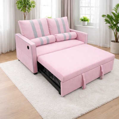 Canapé-lit 2 places rose avec mousse à haute densité, charge, poche élastique, revêtement élégant pour le lit des chambres d'amis, accoudoir de charge sur le dos, dossier réglable à 3 niveaux, rangement latéral, mousse moderne