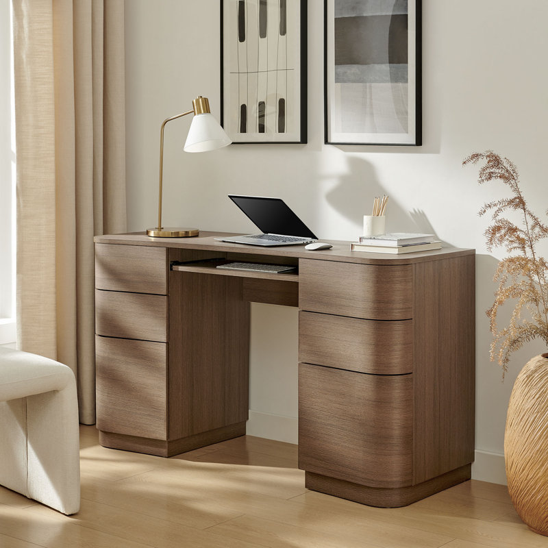 Mirae 55" 6-Drawer Curved Office Desk, Brown Oak