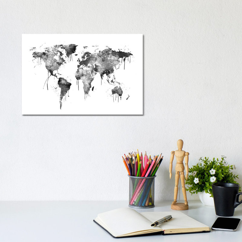 Watercolour Map Of The World Map, Grey Scale by Michael Tompsett - Wrapped Canvas Print, 20.32cm H x 30.48cm W x 1.91cm D