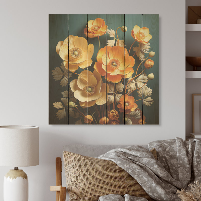 «Yellow Buttercups», art mural sur bois de pin naturel, H 15 po x l 15 po