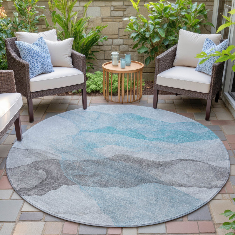 Machine Washable Indoor/Outdoor Xhevrie Teal Rug, Round 8'