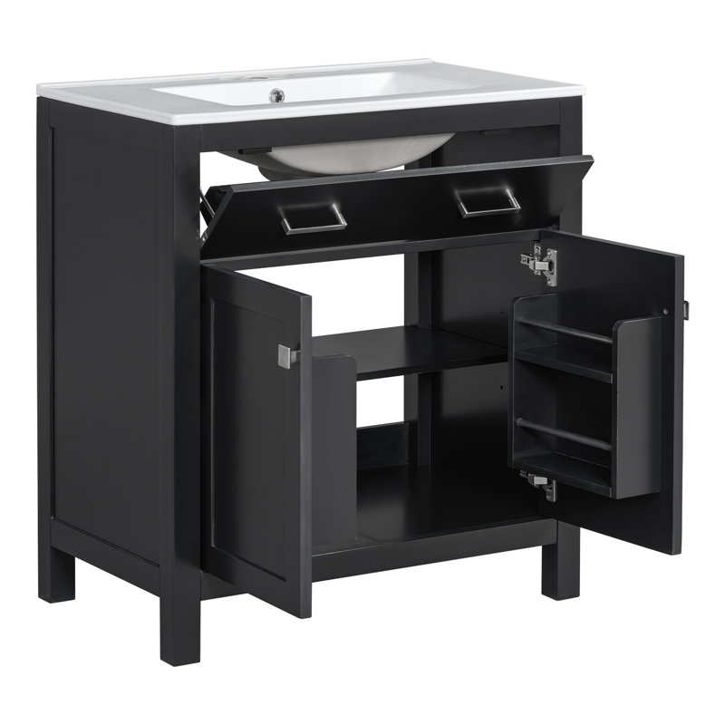 Meuble-lavabo de 60 po, lavabos doubles en céramique, tablette réglable, portes à fermeture en douceur, tiroir rabattable