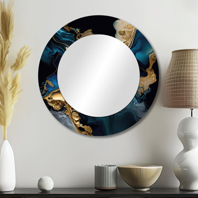 Perice abstrait Geode Marble Blue IV - décor de miroir mural unique en marbre, grand miroir rond bleu, impression d'art en métal