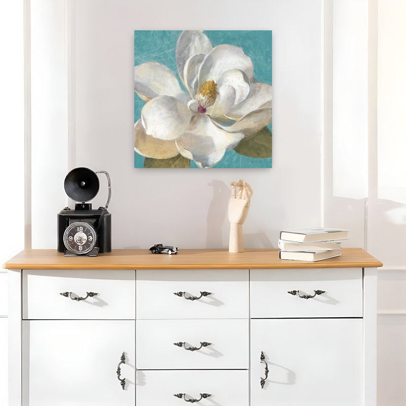 Art traditionnel turquoise avec des fleurs bleues, H 18 po x l 18 po