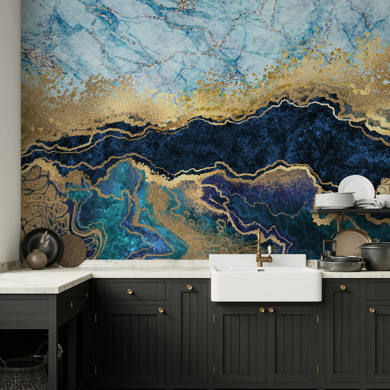 Blue Marble Gold Vein Abstract Wallpaper, 115"L x 225"W