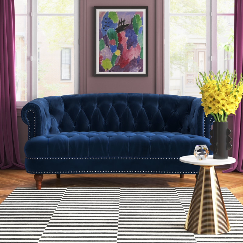 Joannes Velvet Rolled Arm Chesterfield, Navy Blue, 32" H x 68.5" W x 38" D