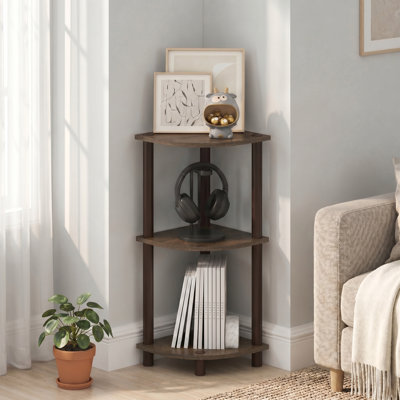 Toolless Assembly 3-Tier Storage Shelves, Black Corner Shelf, Open Storage Book Shelf, for Organization and Storage, Living Room, Home Office, Bedroom, Walnut