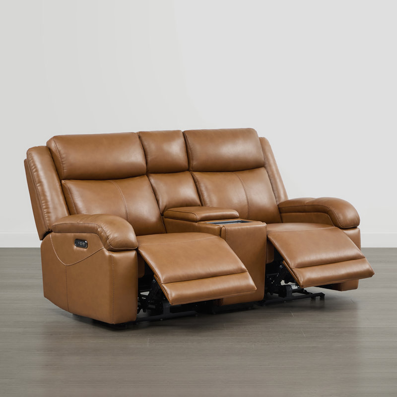 Canapé inclinable électrique en cuir véritable Zachery avec console multifonctionnelle, Brun selle, 2