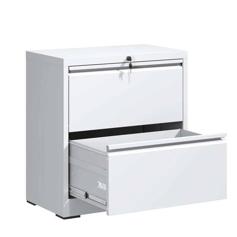 White 2 Drawer Lateral File Cabinet With Lock, Rust - Steel, Silent Glide, Interlock System Steel Horizontal Filing Cabinet, Construction, Adjustable Hanging Bar, Tip
