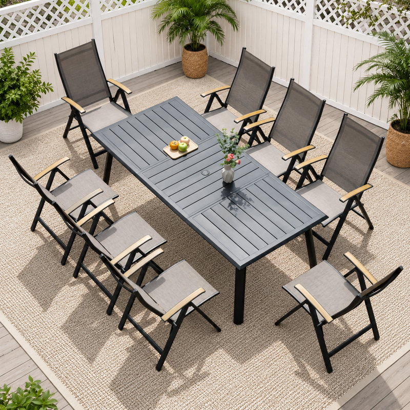 Ensemble repas pour 8 personnes en aluminium avec fauteuils inclinables et pliables, Brun / Noir, 8