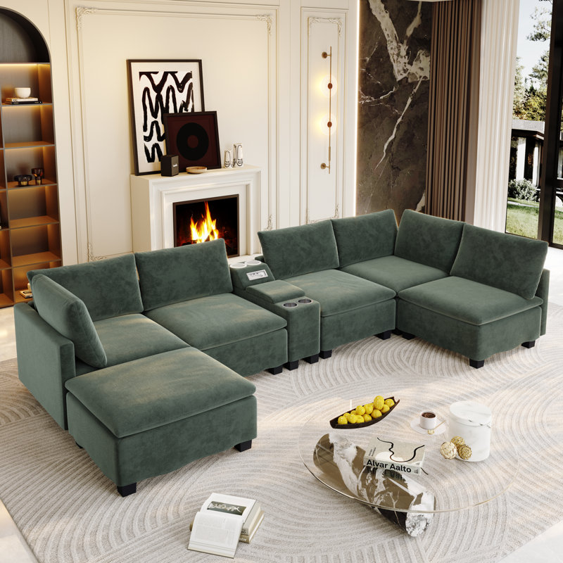 Canapé modulaire en nuage de 121 po de large avec console intelligente, canapé-lit convertible en forme de U avec haut-parleur Bluetooth, ports USB / Type-C, rangement caché et 6 coussins décoratifs