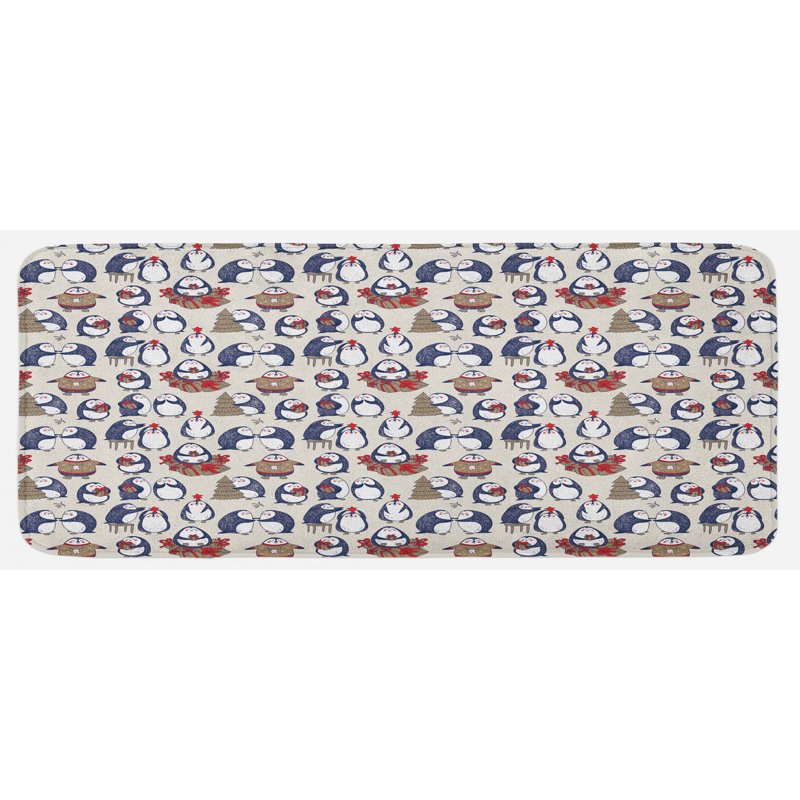Tapis de cuisine grunge dessiné à la main sketchy penguins avec boîtes vedettes de cuisine bleu marine