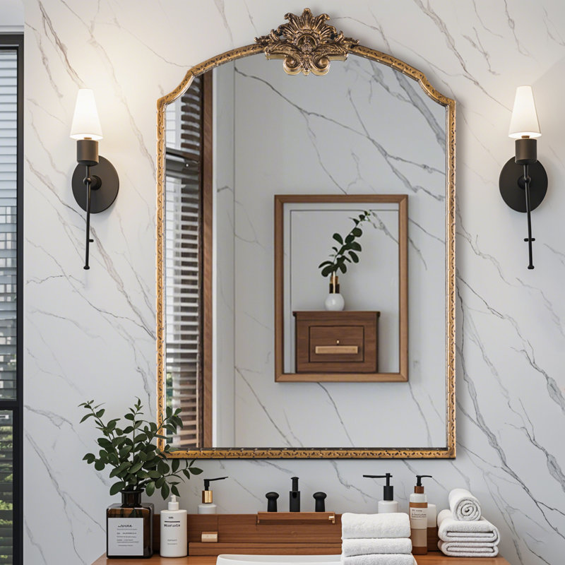Miroir mural arqué en métal de style baroque, Or antique, 36 po x 24 po