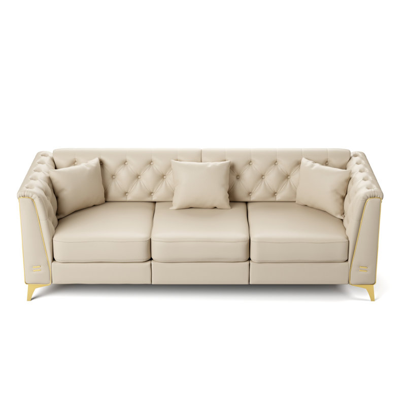 Ensemble de salon de luxe en similicuir 3 pièces avec capitonnage et repose-pieds faits à la main, Beige