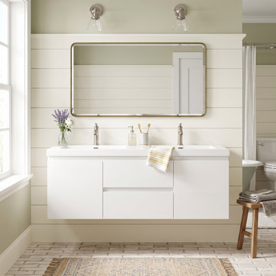 Meuble-lavabo mural en mélamine de bois de 60 po, blanc brillant, résistant à l'usure, antiégratignures et surface non poreuse facile à nettoyer, préassemblé
