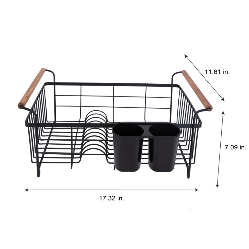 Acacia Wood and Black Metal Dish Drying Rack with Utensil Cup