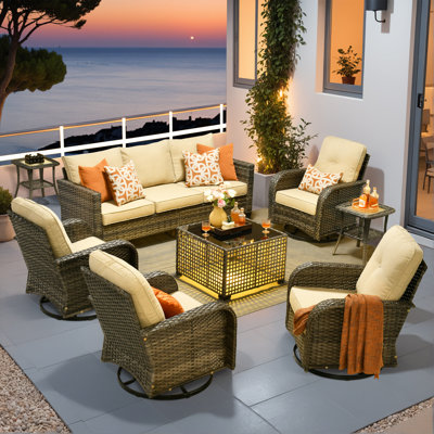 All - Weather Wicker Outdoor Furniture SetComfortable 7- Piece Patio Seating Group with Rotating Chairs, Sofa & Illuminated Coffee Table