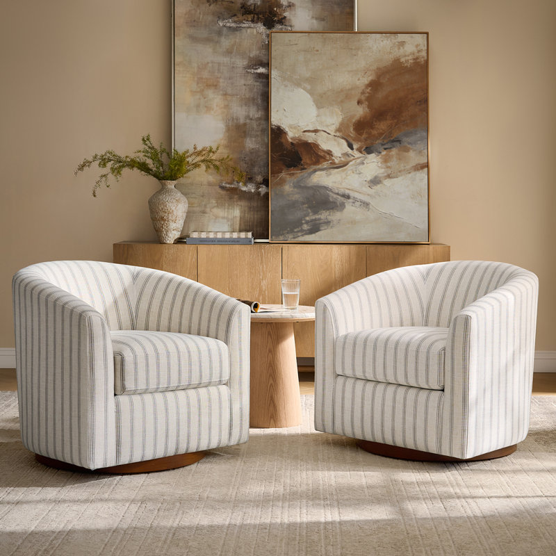  Amiir 30.5'' Wide Modern Upholstery Swivel Barrel Chair with Solid Wood Base, Stripe