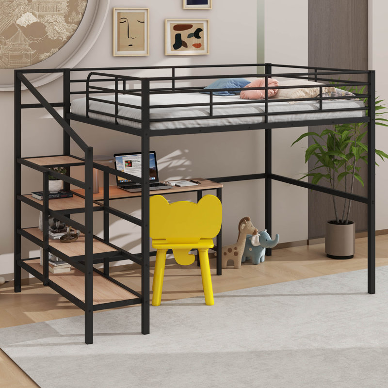Full Size Metal Loft Bed With Desk And Lateral Storage Ladder, Black