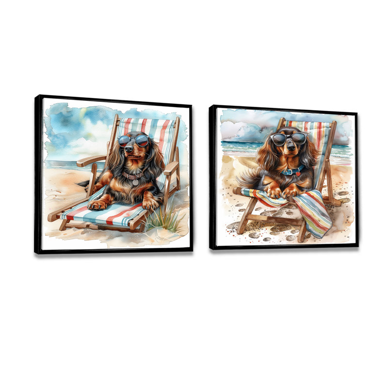 Daschund chien bronzant sur une chaise de plage I - décoration murale animaux côtiers - art mural nautique 2 pièces, Noir