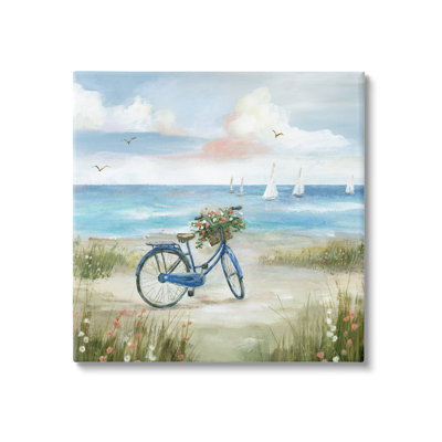 Charmant vélo bleu, bouquet floral, voiliers de plage éloignés par Nan - Peinture