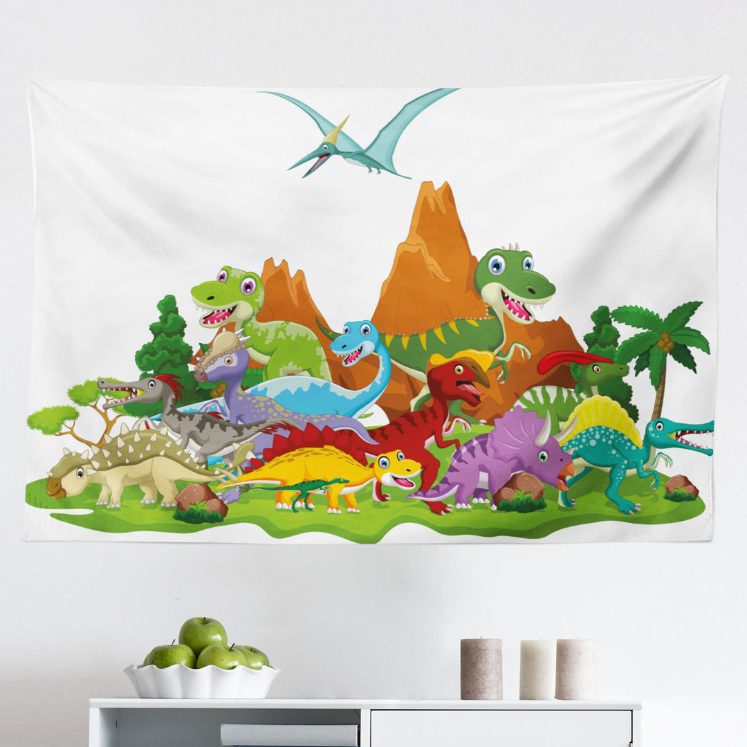 Wandbehang Funny Friendly Dinosaurier in Cartoon-Stil und Landschaft BÃ¤ume und Berge