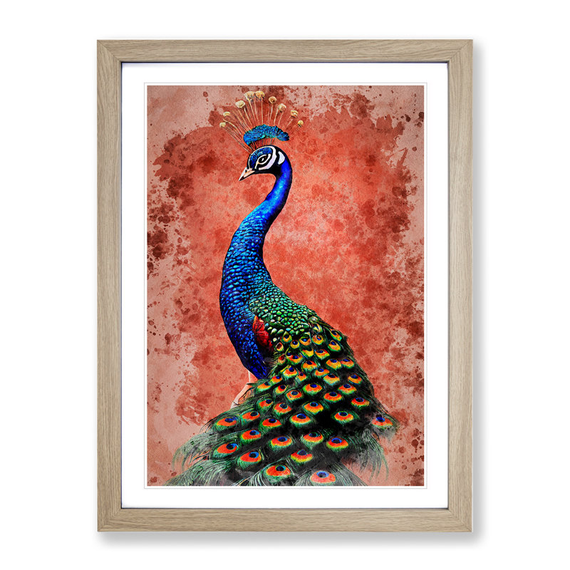 Peacock No.1 - Single Picture Frame Painting, 34cm H x 25cm W x 2cm D, Oak Framed