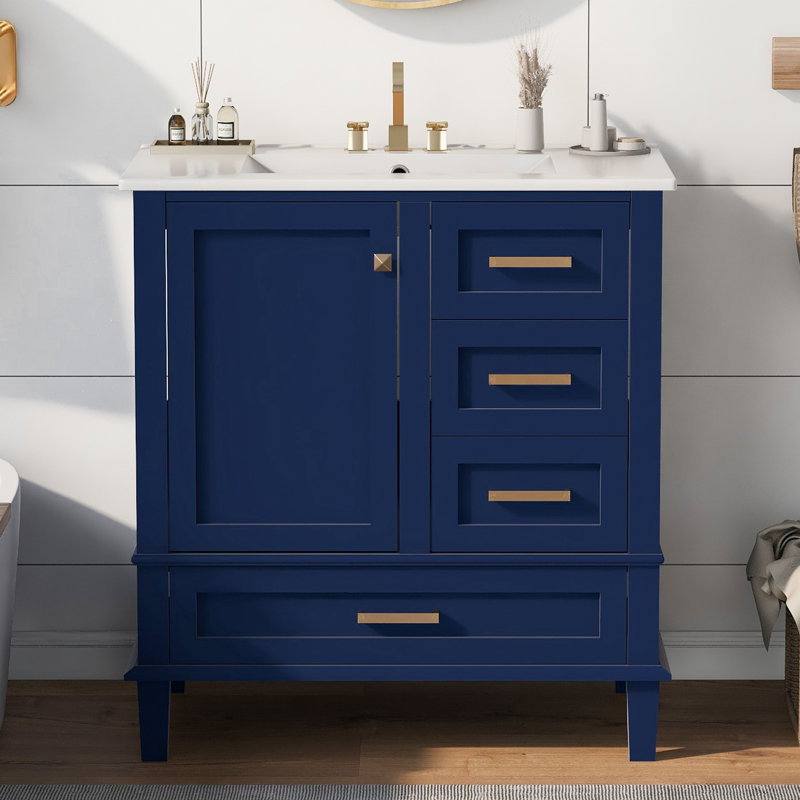 Meuble-lavabo de rangement simple avec comptoir en céramique, Bleu, 30"