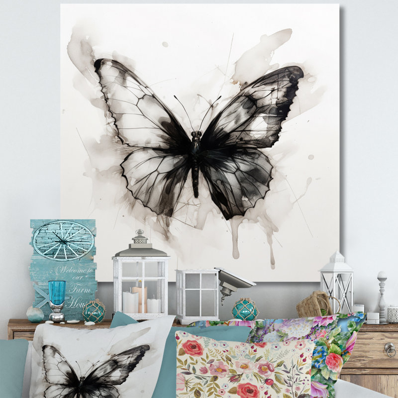 Papillon, aquarelle noir et blanc I, H 16 po x l 16 po x P 1 po, Toile tendue