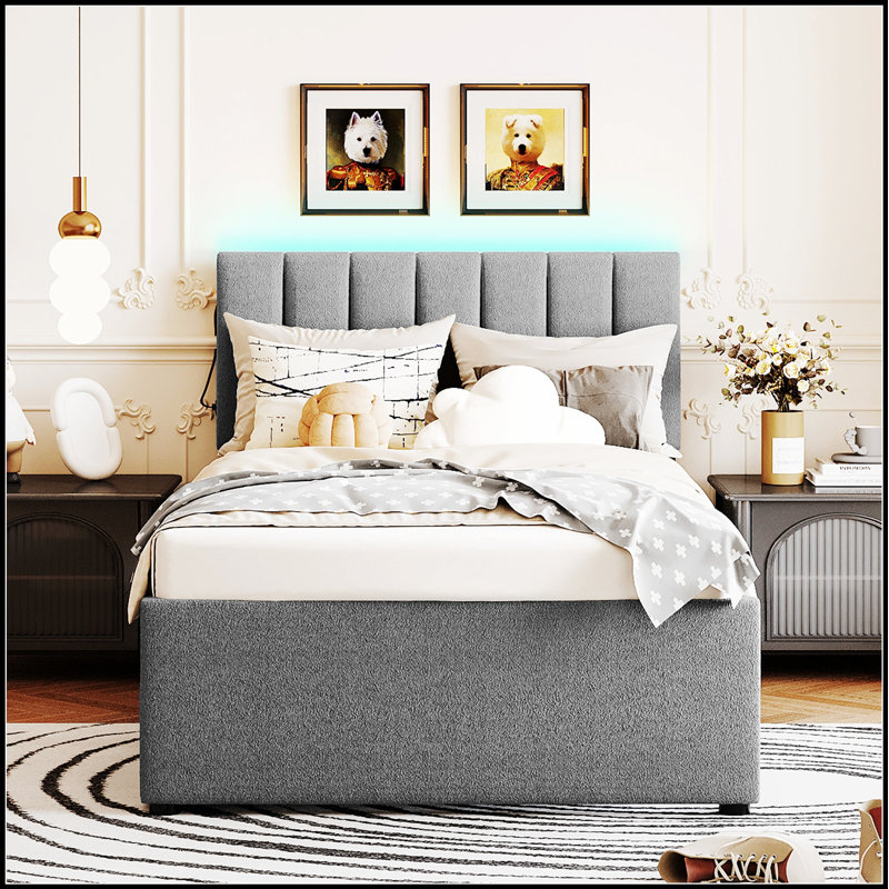Lit plateforme tapissier Teddy, Gris