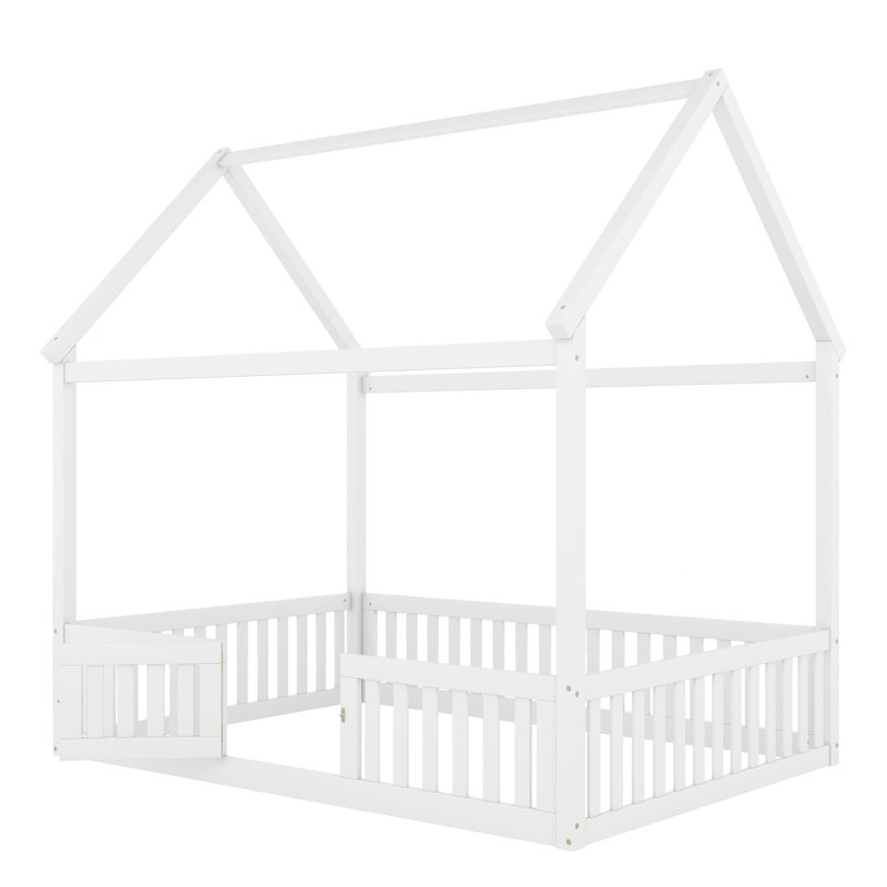 Lit double en bois pleine grandeur avec clôture et porte, blanc, Lit double, Blanc