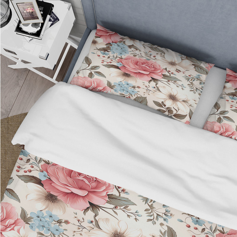 Ensemble de housse de couette floral rose antique, Housse de couette pour grand lit et 2 taies décor
