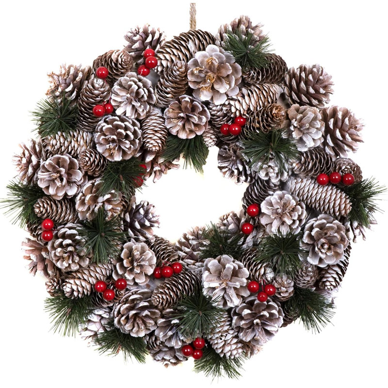 Christmas Hanging Wreath- Festive Pine Cone Display with Subtle White Frosting, 38cm x 38cm