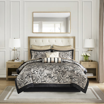 Édredon noir très grand avec 12 pièces de draps en coton. Comprend un édredon, des taies décoratives et des oreillers. Paisley séduisant. Doux et lisse. Facile à nettoyer, charmant, confortable, élégant