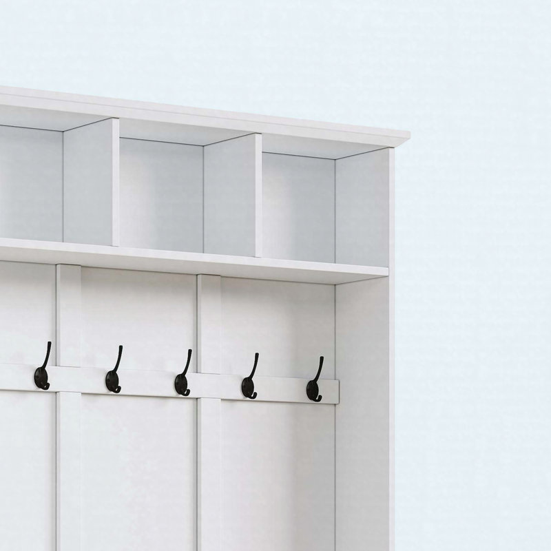 55" Farmhouse Hall Tree with Storage Bench, Adjustable Shelves & 6 Hooks, White, White/Deep Walnut