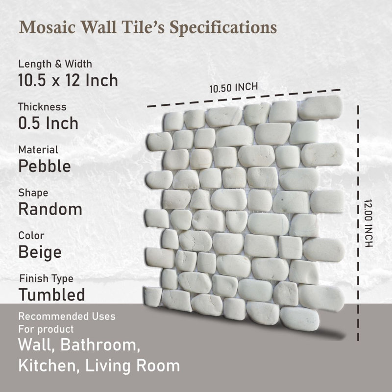 Florida 12" x 12" Natural Stone Linear Pebble Mosaic Wall Tile, Strip White
