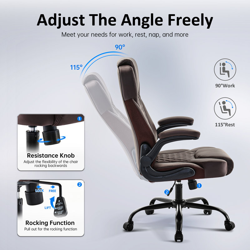 Ergonomic Computer Desk Chair With Adjustable Flip-up Arms, Lumbar Support Swivel Task Chair With Rocking Function, Brown